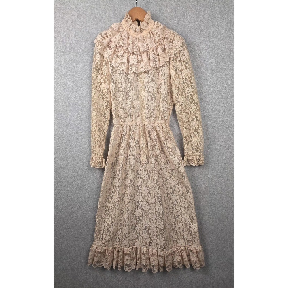 Floral Lace Ruffle High Neck Dress Womens XS Beige Long Sleeveโ Midi Fit & Flare